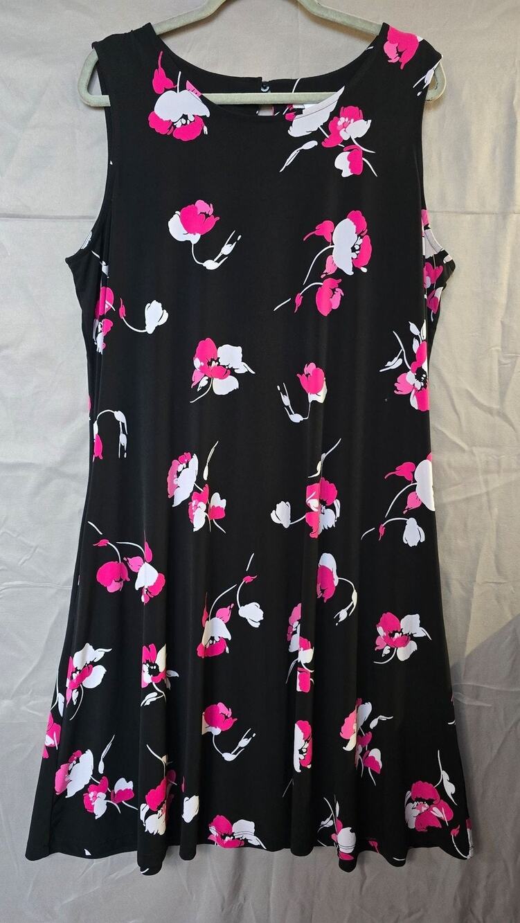 Susan Graver Dress Womens XL Black Floral Scoop Neck Swing Trapeze Sleeveless
